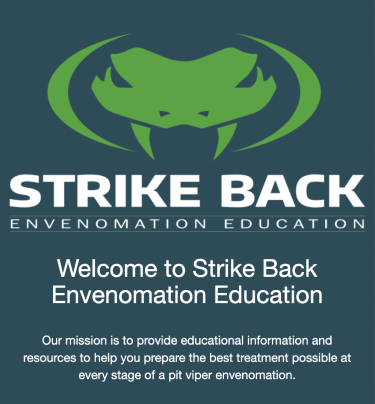Strike Back Envenomation Education banner with snake image